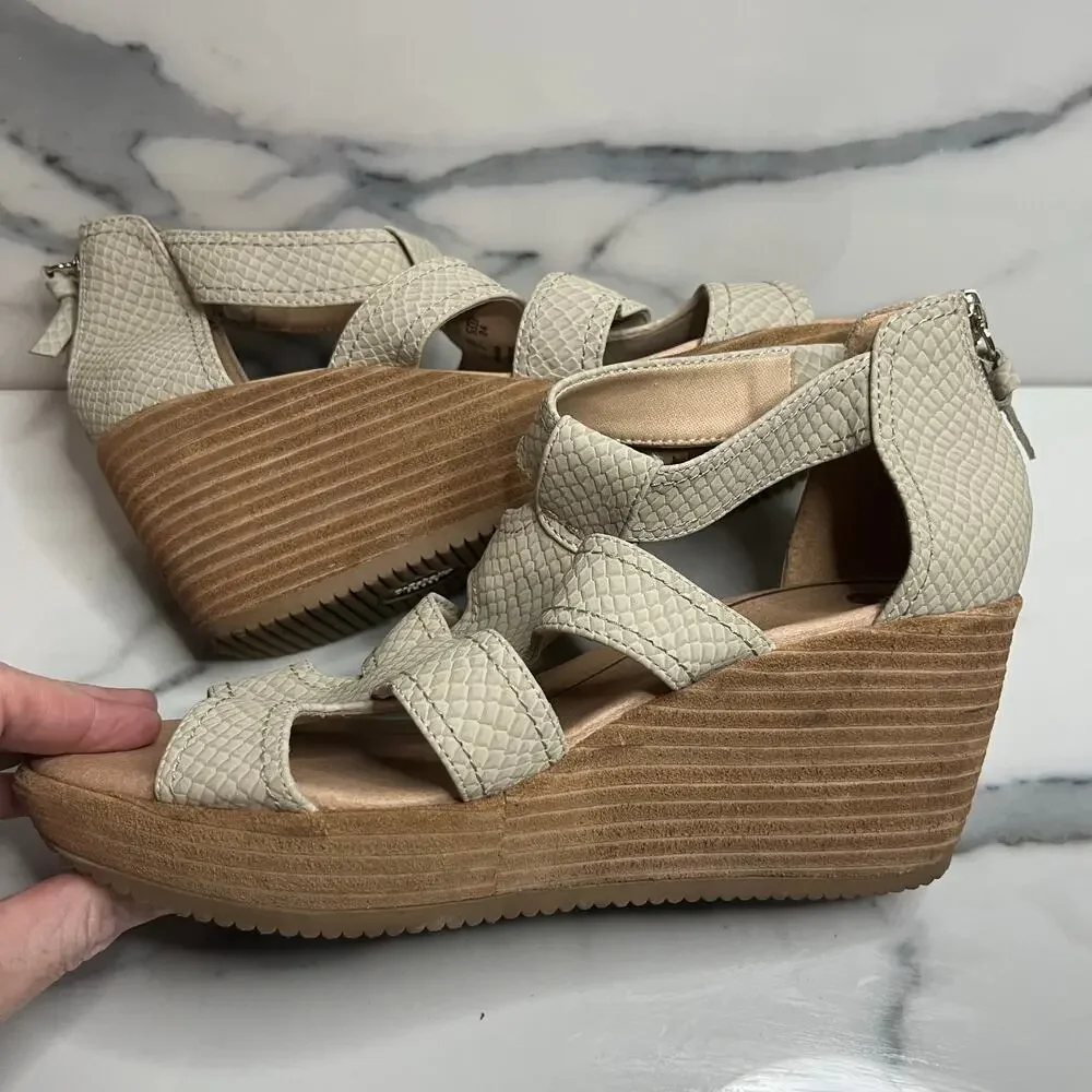 Dr Scholl's Women's Neutral Faux Leather Wedge Long Island Sandals Sz 7 EUC